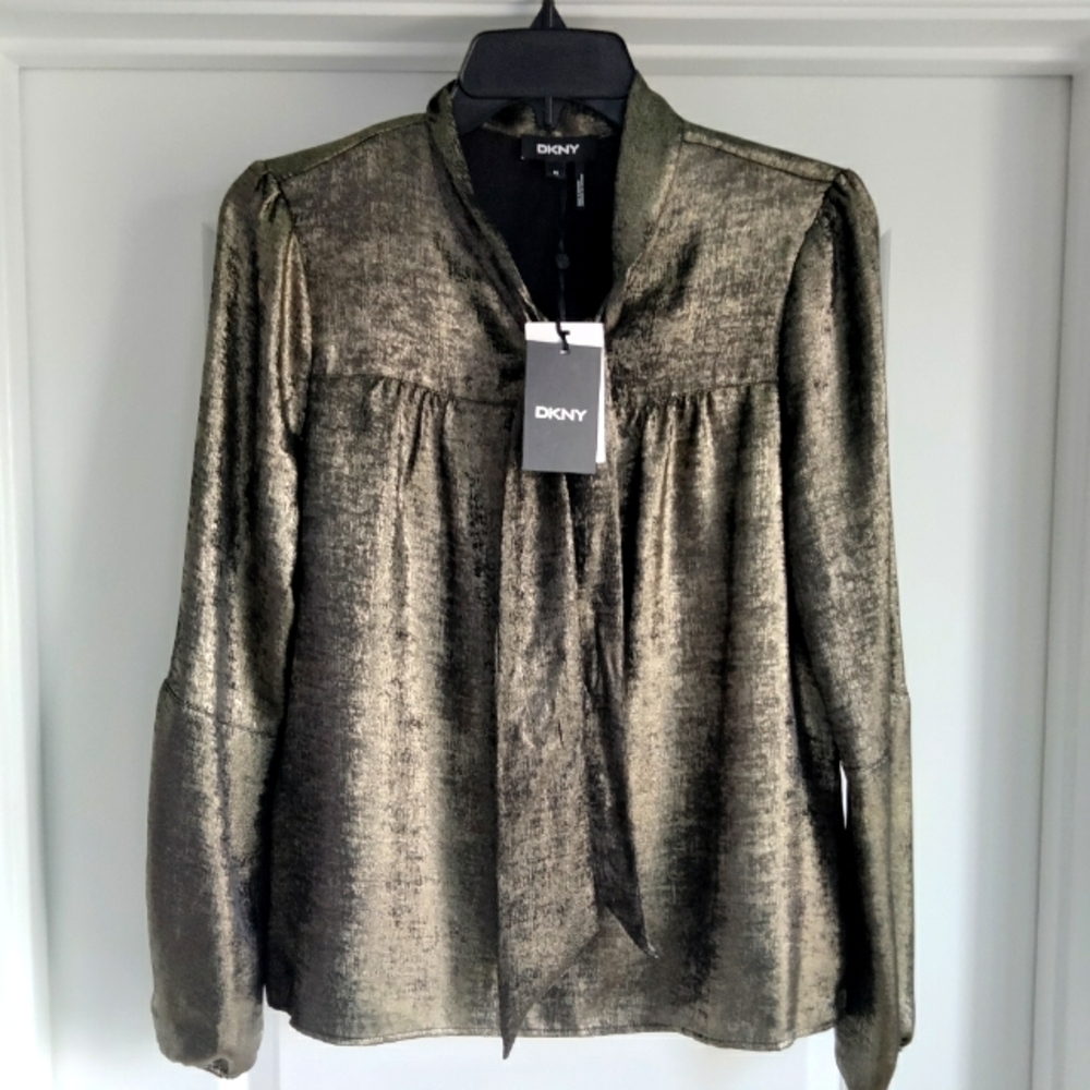 NWT PS DKNY Gold Metallic Tie Neck Long Sleeve Blouse Top NEW